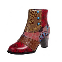 Damen Stiefelette mit Blumenmuster und Blockabsatz-Rot-36-Luzern Mode