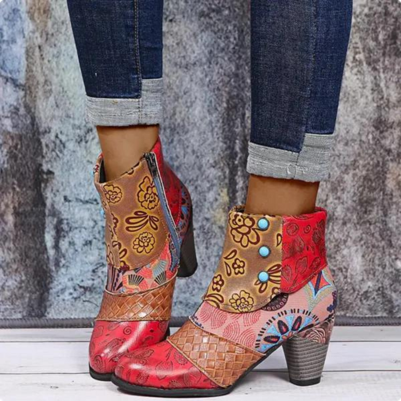Damen Stiefelette mit Blumenmuster und Blockabsatz-Luzern Mode