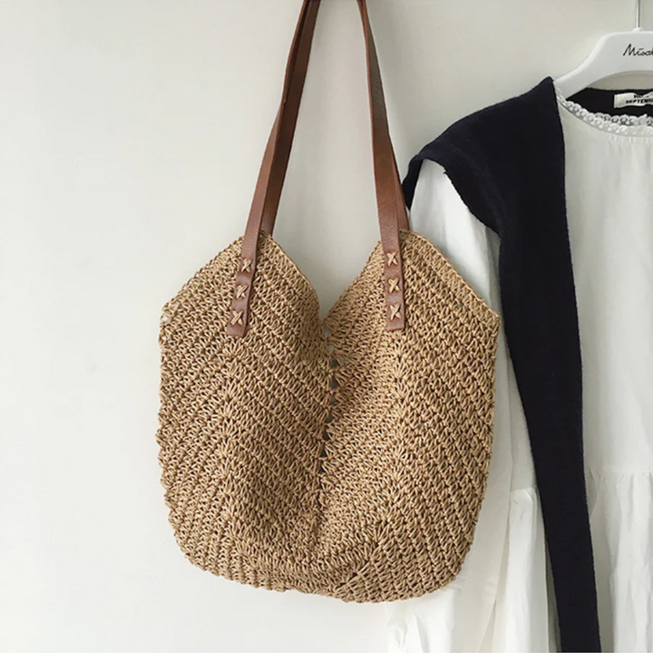 Gewebte Strohtasche mit Ledergriffen für Damen-Braun-Luzern Mode