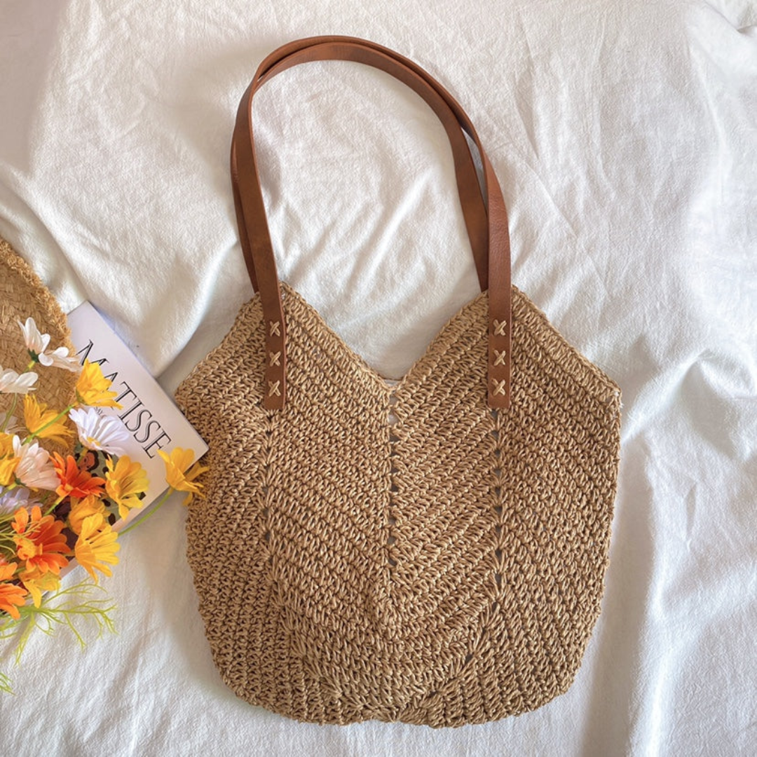 Gewebte Strohtasche mit Ledergriffen für Damen-Luzern Mode
