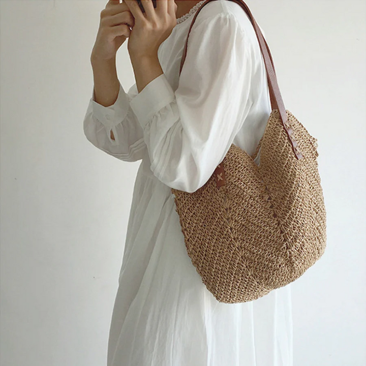 Gewebte Strohtasche mit Ledergriffen für Damen-Luzern Mode