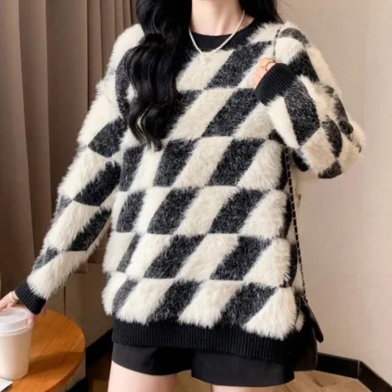 Kariertes Damenpullover aus Fleece - Weiches Winterdesign-Luzern Mode
