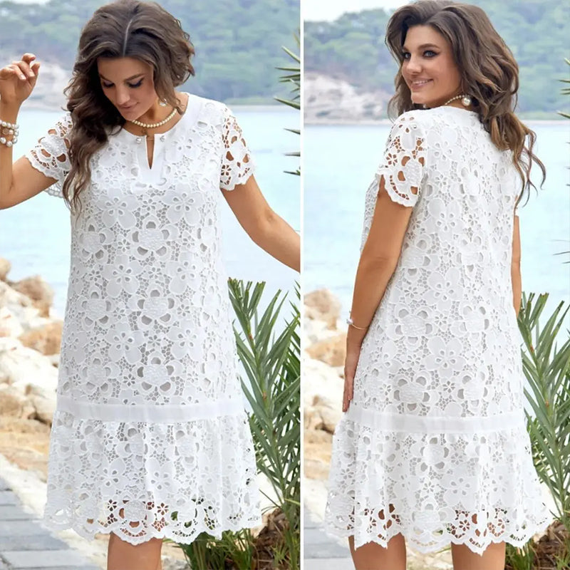 V-Ausschnitt Kleid Sommer | Weiß | Blumenmuster | Midi | Atmungsaktiv | Damen-Luzern Mode