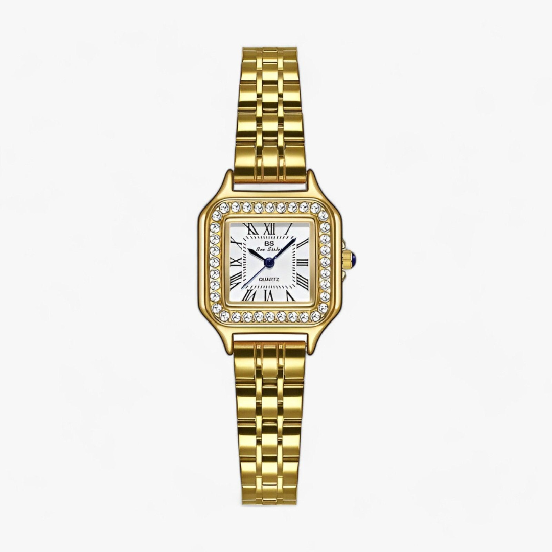 Luxus Damen Armbanduhr mit Strass und Edelstahlarmband-Gold-Luzern Mode
