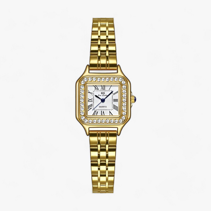 Luxus Damen Armbanduhr mit Strass und Edelstahlarmband-Gold-Luzern Mode