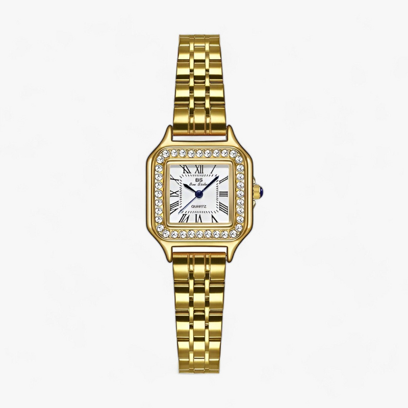 Luxus Damen Armbanduhr mit Strass und Edelstahlarmband-Gold-Luzern Mode