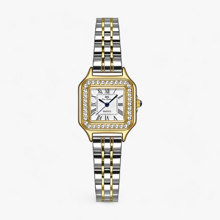 Luxus Damen Armbanduhr mit Strass und Edelstahlarmband-Weißgold-Luzern Mode