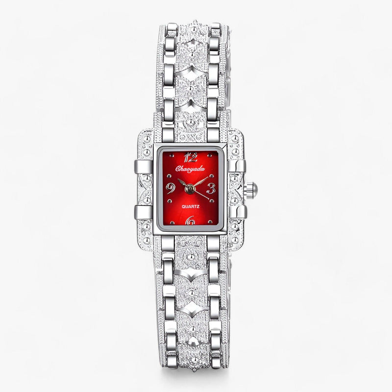 Damen Uhr | Subtil Rechteck Silber Stilvoll Langlebig Mit Steinen-Rot-Luzern Mode