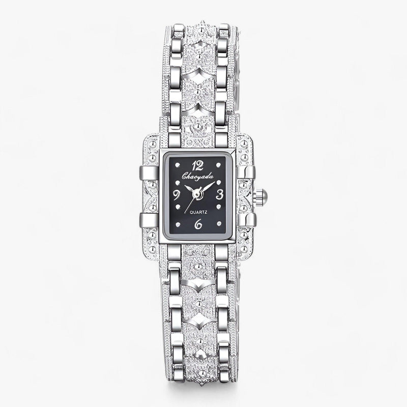 Damen Uhr | Subtil Rechteck Silber Stilvoll Langlebig Mit Steinen-Schwarz-Luzern Mode
