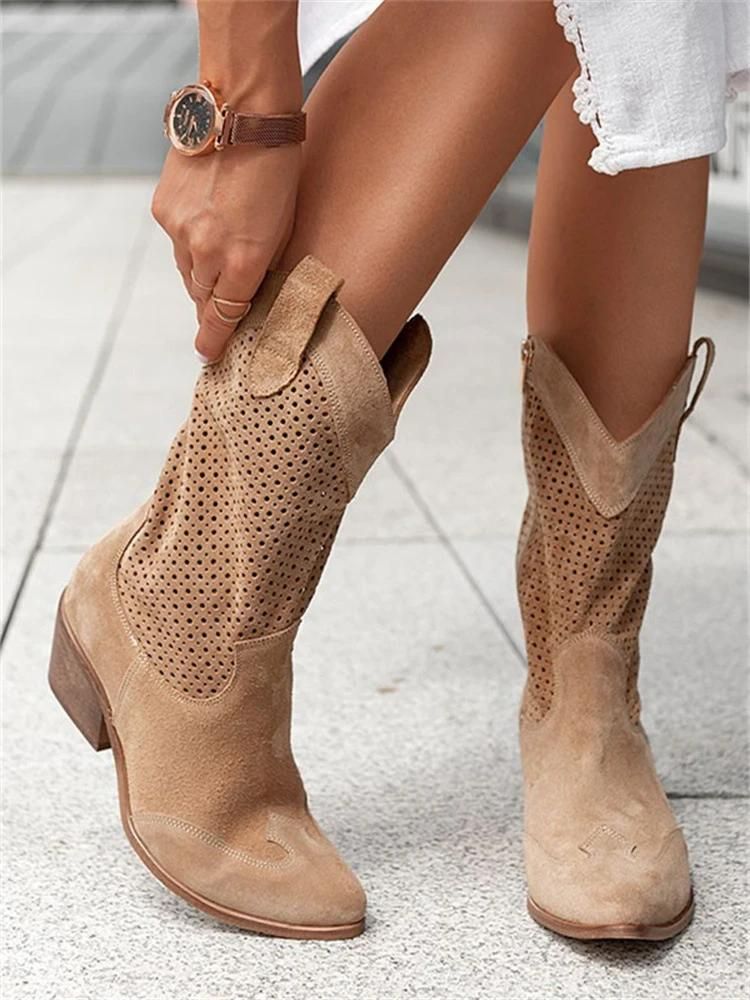 Damen Western Stiefel mit Blockabsatz und Lochmuster-Braun-35-Luzern Mode