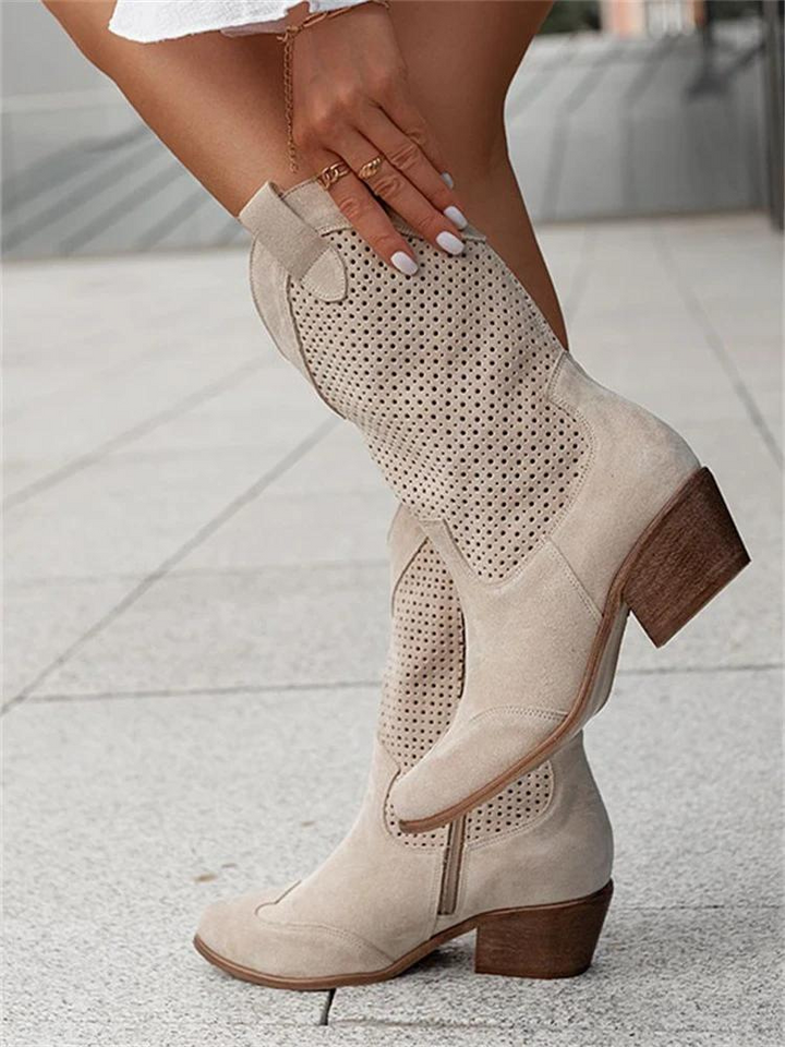Damen Western Stiefel mit Blockabsatz und Lochmuster-Khaki-35-Luzern Mode