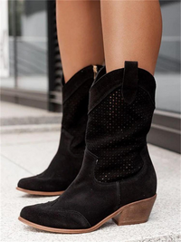 Damen Western Stiefel mit Blockabsatz und Lochmuster-Schwarz-35-Luzern Mode