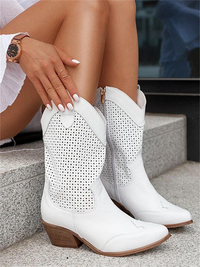 Damen Western Stiefel mit Blockabsatz und Lochmuster-Luzern Mode