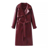 Damen Lackleder Trenchcoat Lang mit Gürtel Eleganz-Bordeauxrot-S-Luzern Mode