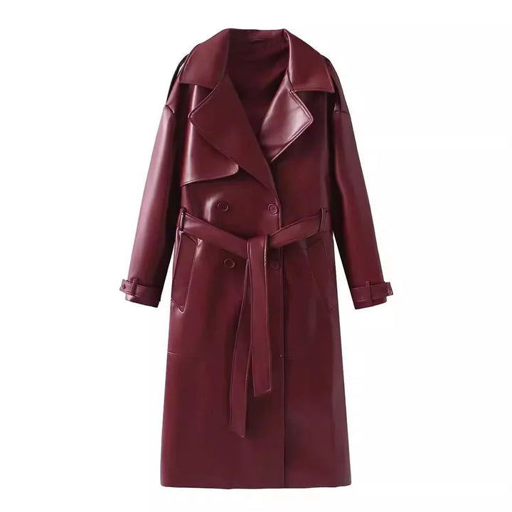 Damen Lackleder Trenchcoat Lang mit Gürtel Eleganz-Bordeauxrot-S-Luzern Mode