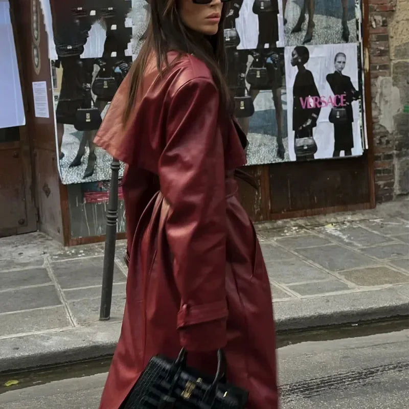 Damen Lackleder Trenchcoat Lang mit Gürtel Eleganz-Luzern Mode