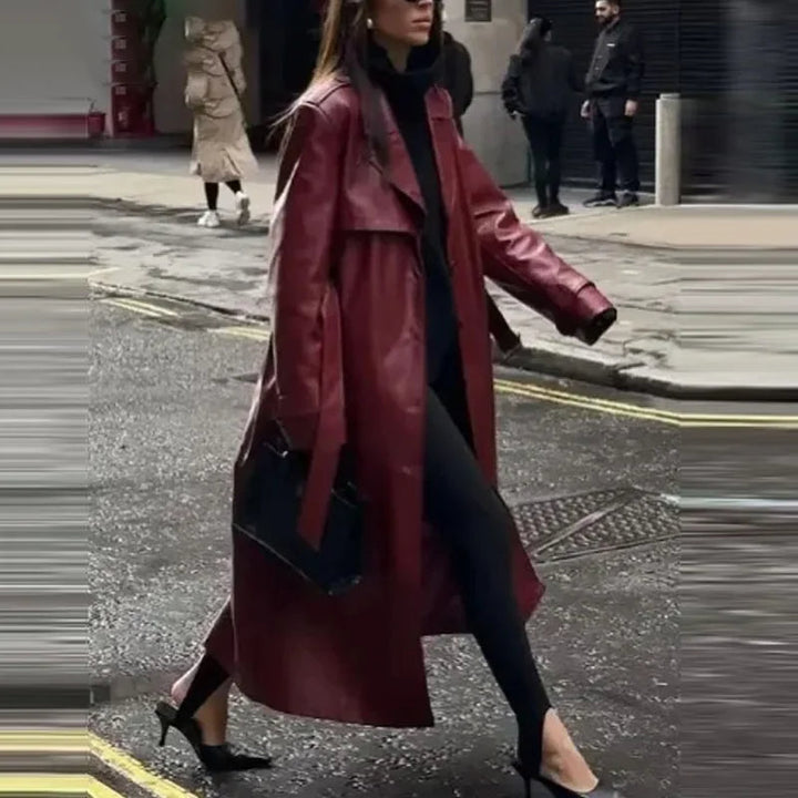 Damen Lackleder Trenchcoat Lang mit Gürtel Eleganz-Luzern Mode