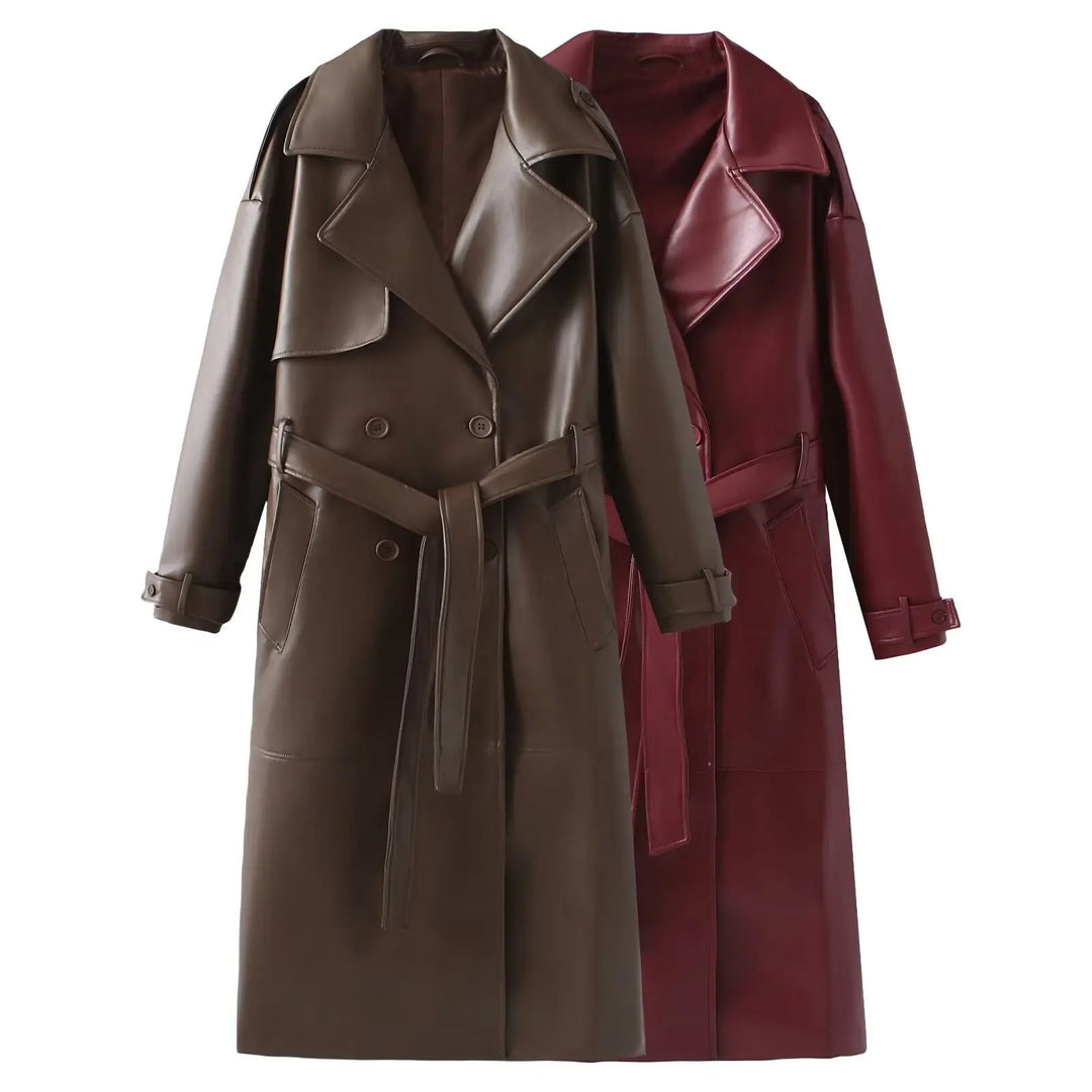 Damen Lackleder Trenchcoat Lang mit Gürtel Eleganz-Luzern Mode
