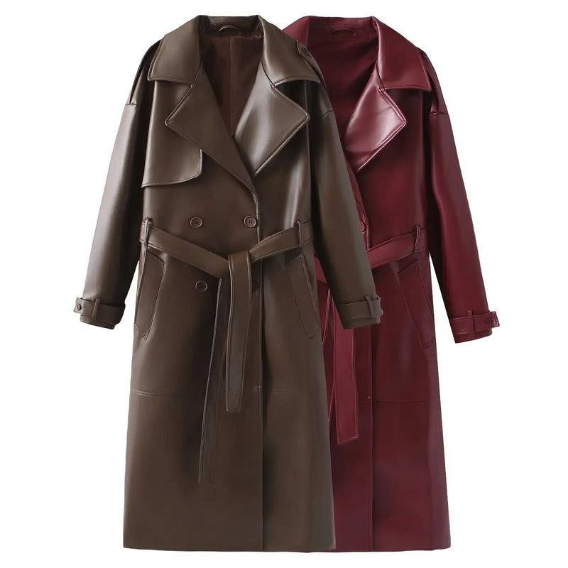 Damen Lackleder Trenchcoat Lang mit Gürtel Eleganz-Luzern Mode