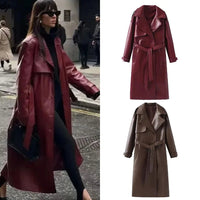 Damen Lackleder Trenchcoat Lang mit Gürtel Eleganz-Luzern Mode