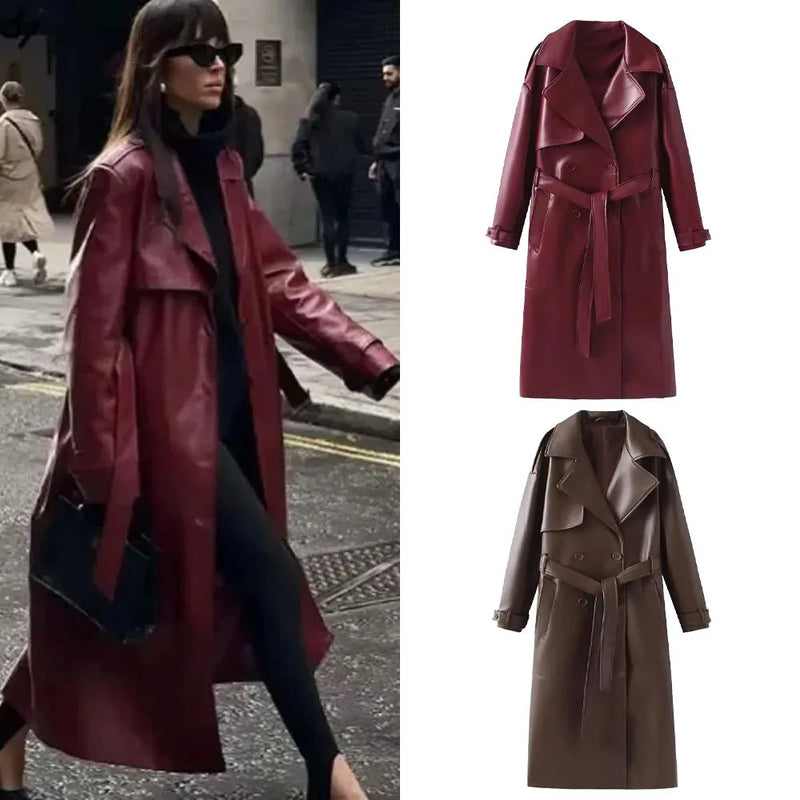 Damen Lackleder Trenchcoat Lang mit Gürtel Eleganz-Luzern Mode