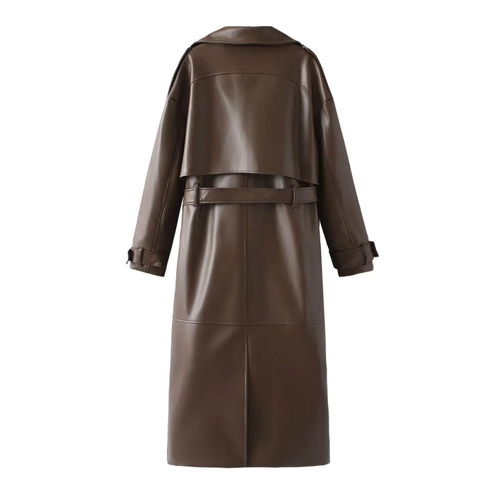 Damen Lackleder Trenchcoat Lang mit Gürtel Eleganz-Braun-S-Luzern Mode