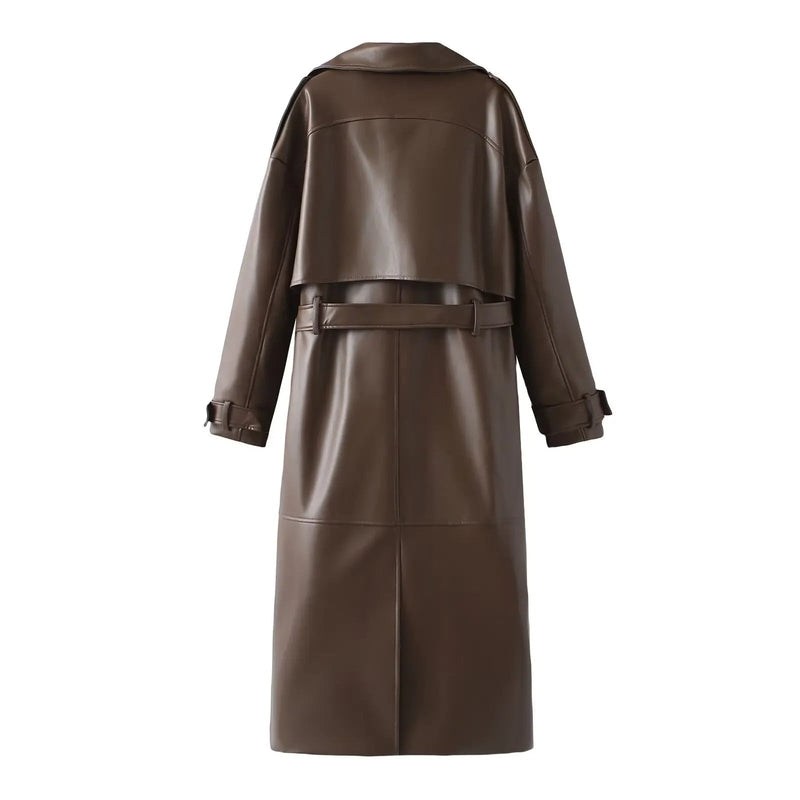 Damen Lackleder Trenchcoat Lang mit Gürtel Eleganz-Braun-S-Luzern Mode