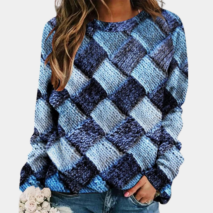 Damen Strickpullover mit Karomuster - Modischer Herbstlook-Blau-XS-Luzern Mode