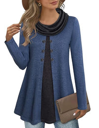 Damen Langarmshirt mit Karomuster und Knopfleiste-Blau-S-Luzern Mode