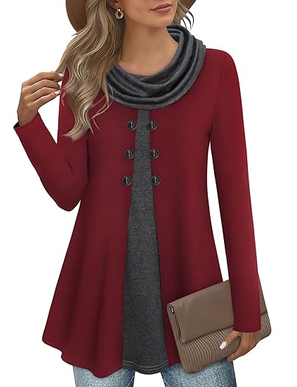 Damen Langarmshirt mit Karomuster und Knopfleiste-Bordeauxrot-S-Luzern Mode