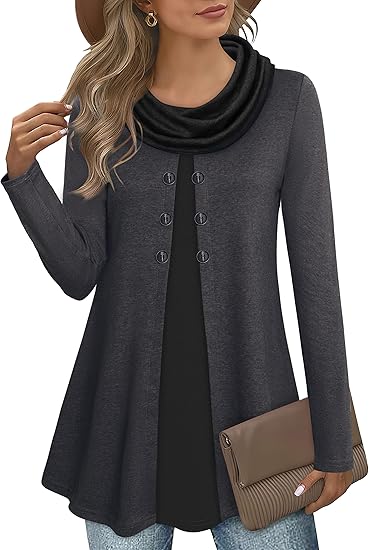Damen Langarmshirt mit Karomuster und Knopfleiste-Dunkelgrau-S-Luzern Mode