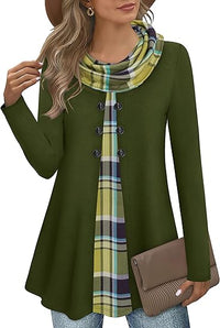 Damen Langarmshirt mit Karomuster und Knopfleiste-Grün-S-Luzern Mode