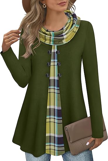 Damen Langarmshirt mit Karomuster und Knopfleiste-Grün-S-Luzern Mode