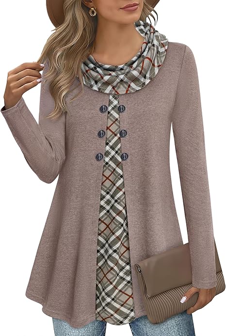 Damen Langarmshirt mit Karomuster und Knopfleiste-Hellbraun-S-Luzern Mode