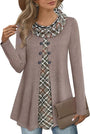 Damen Langarmshirt mit Karomuster und Knopfleiste-Hellbraun-S-Luzern Mode