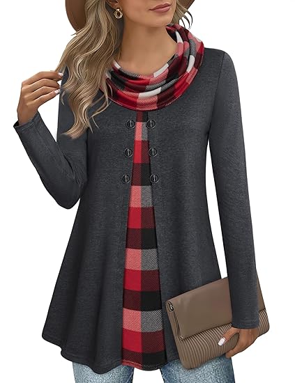 Damen Langarmshirt mit Karomuster und Knopfleiste-Rot/Grau-S-Luzern Mode