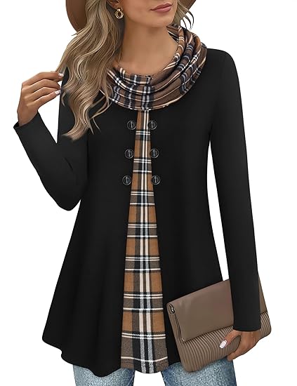 Damen Langarmshirt mit Karomuster und Knopfleiste-Schwarz/Braun-S-Luzern Mode