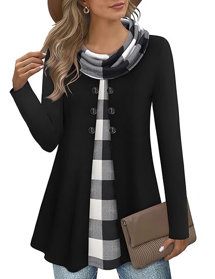 Damen Langarmshirt mit Karomuster und Knopfleiste-Schwarz/Weiß-S-Luzern Mode