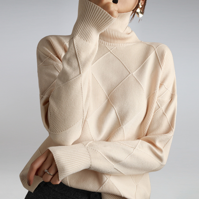 Hochwertiger Damen Strickpullover mit Rollkragen Design-Beige-S-Luzern Mode