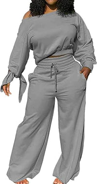 Damen Zweiteiler Set: Lässiges Off-Shoulder Outfit-Grau-S-Luzern Mode
