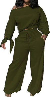 Damen Zweiteiler Set: Lässiges Off-Shoulder Outfit-Olivgrün-S-Luzern Mode