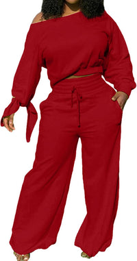 Damen Zweiteiler Set: Lässiges Off-Shoulder Outfit-Rot-S-Luzern Mode