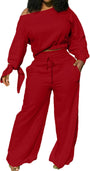 Damen Zweiteiler Set: Lässiges Off-Shoulder Outfit-Rot-S-Luzern Mode