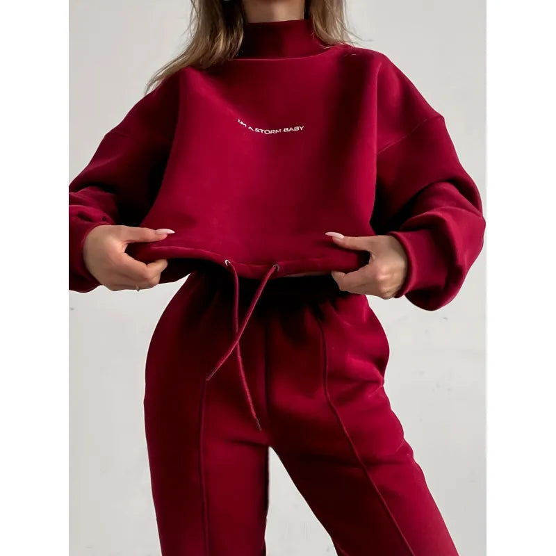 Damen Zweiteiler Set: Bequemer Pullover und Jogginghose-Rot-XS-Luzern Mode