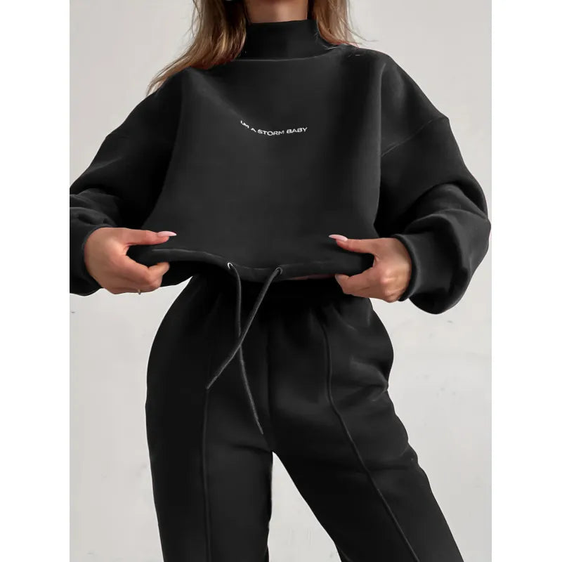 Damen Zweiteiler Set: Bequemer Pullover und Jogginghose-Schwarz-XS-Luzern Mode