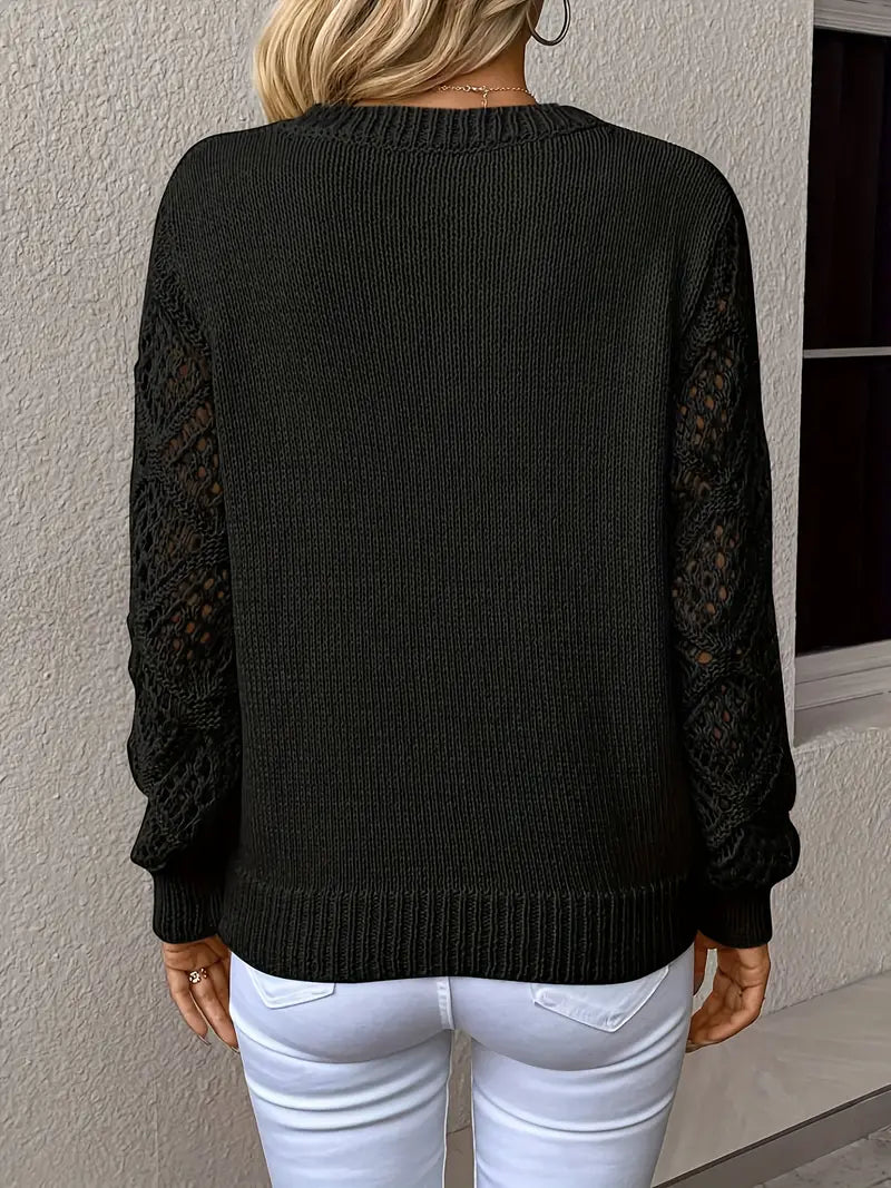 Damen Strickpullover mit Spitzenärmeln und V-Ausschnitt-Luzern Mode