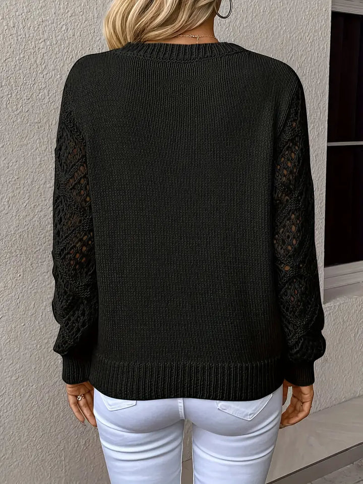 Damen Strickpullover mit Spitzenärmeln und V-Ausschnitt-Luzern Mode