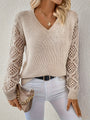 Damen Strickpullover mit Spitzenärmeln und V-Ausschnitt-Beige-S-Luzern Mode