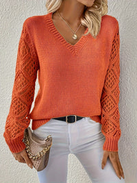 Damen Strickpullover mit Spitzenärmeln und V-Ausschnitt-Orange-S-Luzern Mode