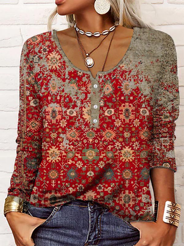 Boho Damenbluse mit Ethno-Muster und Knopfleiste-Luzern Mode